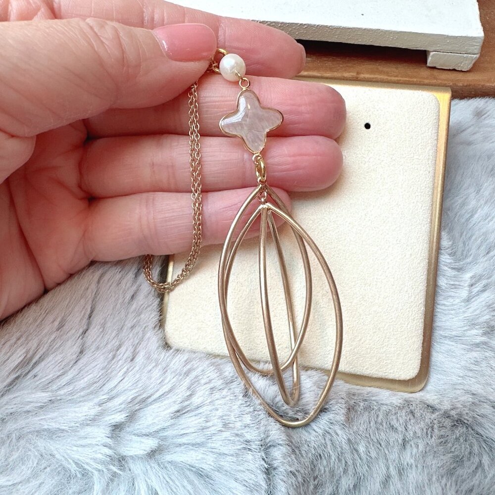 Freshwater Pearl, Shell and Gold Cage Pendant Necklace